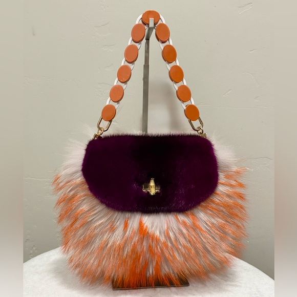 Laurie's Collection Handbags - Stunning Colorblock Real Mink Fur with Finn Raccoon Fur Purse, Includes 2 Straps